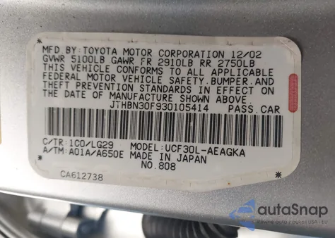 2003 Lexus Ls 430 from USA, damaged, VIN JTHBN30F930105414